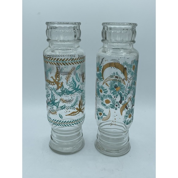 Jeannette Apothecary Glass Jar 9 1/4"‎ MCM Aqua Blue & Gold Birds 1960's  (2) - Picture 1 of 8